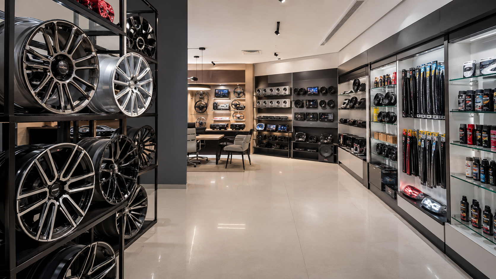 CarHeads showroom with alloy wheels, audio systems and car care products on display